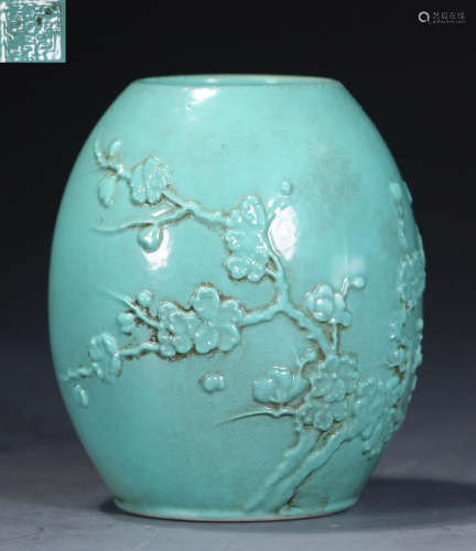 TURQUOISE GLAZE FLOWER PATTERN JAR