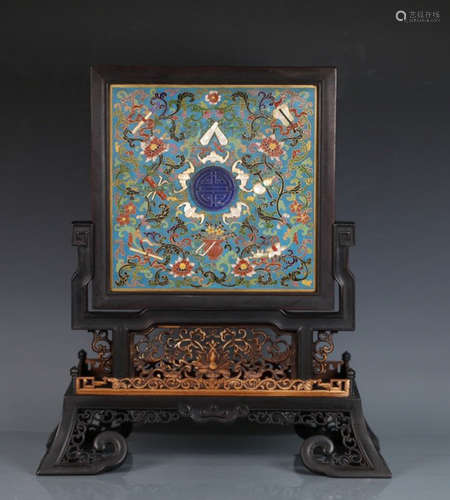 ZITAN WOOD WITH CLOISONNE FLOWER PATTERN SCREEN