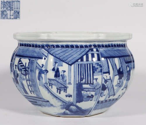 YONGZHENG MARK BLUE WHITE GLAZE FIGURE STORY JAR