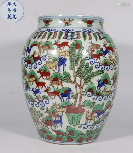 WANLI MARK WUCAI GLAZE DEER PATTERN JAR