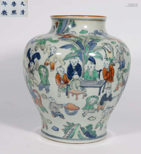 KANGXI MARK WUCAI GLAZE CHILD PATTERN JAR