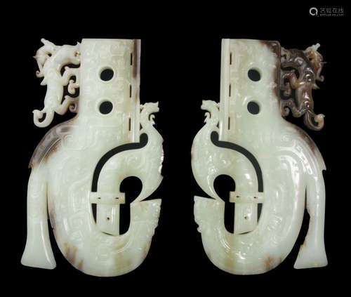 ANTIQUE JADE CARVED DRAGON PHOENIX PENDANTS PAIR