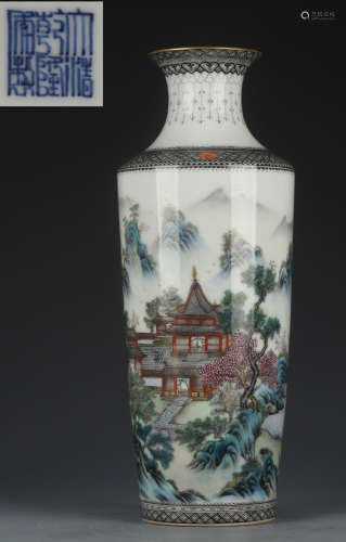 QIANLONG MARK FAMILLE ROSE GLAZE LANDSCAPE VASE