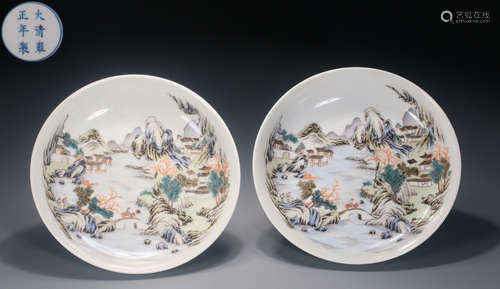 FAMILLE ROSE GLAZE LANDSCAPE PATTERN PLATES PAIR