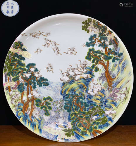 YONGZHENG MARK ENAMELED GLAZE CRANE PATTERN PLATE