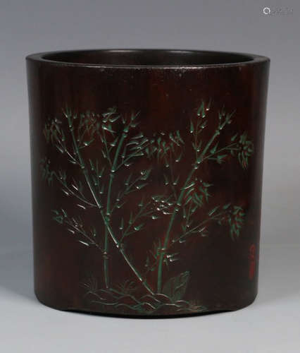 ZITAN WOOD CARVED BAMBOO PATTERN BRUSH POT