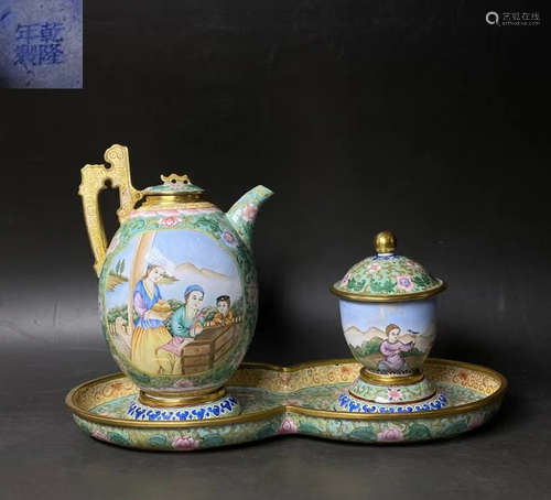 QIANLONG MARK ENAMELED GLAZE STORY PATTERN POT&CUP SET