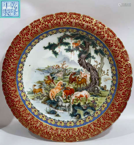 QIANLONG MARK ALUM RED GLAZE HORSE PATTERN PLATE