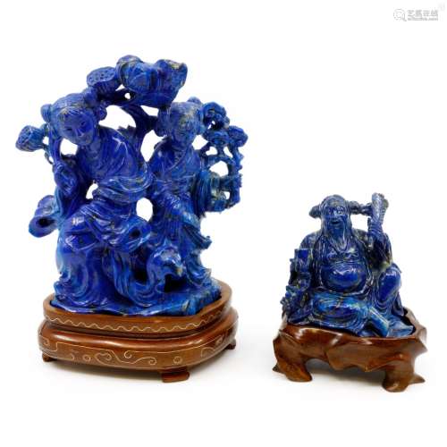 CHINE XX ème Lot de deux groupes sculptés en Lapis-Lazuli fi...