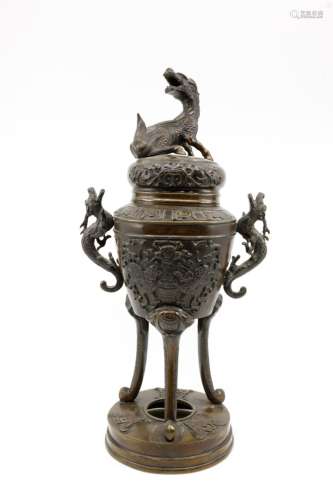 CHINE fin XIX ème Vase brûle-parfum en bronze patiné reposan...