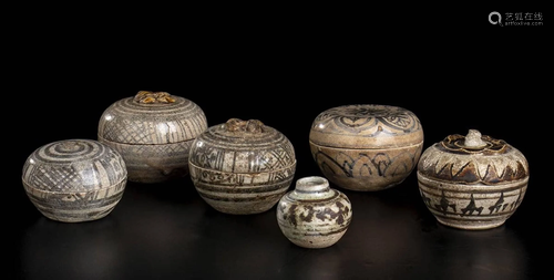 SIX 'SAWANKALOK' PAINTED CERAMIC CONTAINERS Thailand,