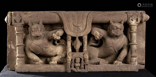 A STONE PEDESTAL WITH RAMPANT LIONS Northern India,