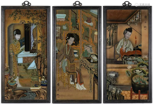 THREE REVERSE GLASS PAINTINGS WITH LADIES IN AN