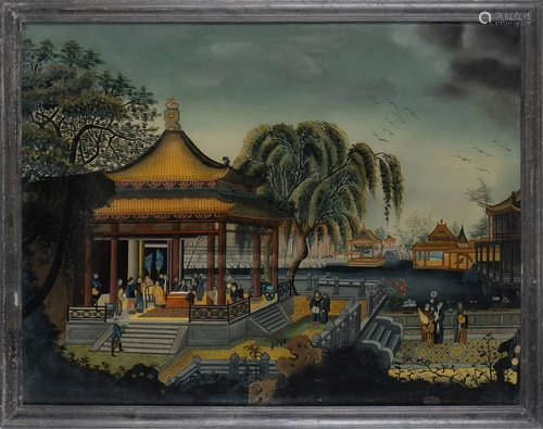 A REVERSE GLASS PAINTING WITH A LANDSCAPE China, 20th