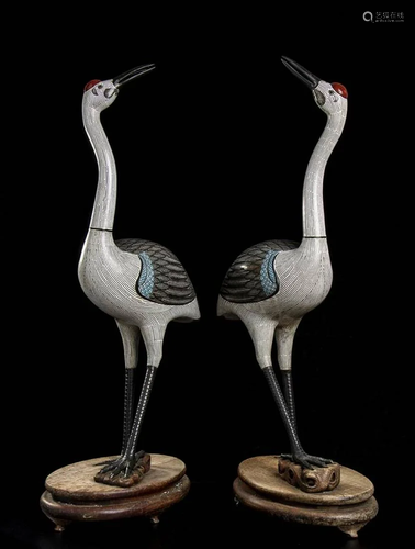 A PAIR OF CLOISONNÃ‰ ENAMELED METAL CRANES China, e…