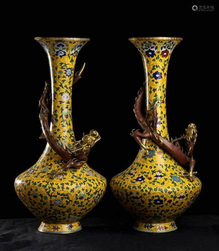 A PAIR OF LARGE CLOISONNÃ‰ ENAMELED METAL V…