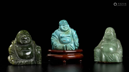 THREE BUDAI, ONE IN TURQUOISE TWO IN JADE China, 2…