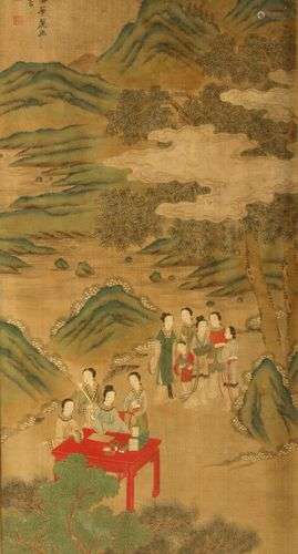CHINE, vers 1900 Femmes et disciples dans un paysage et pics...
