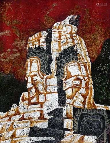 Chành LÊ (1940 - 2004) Vue d'un Temple Panneau de laque poly...