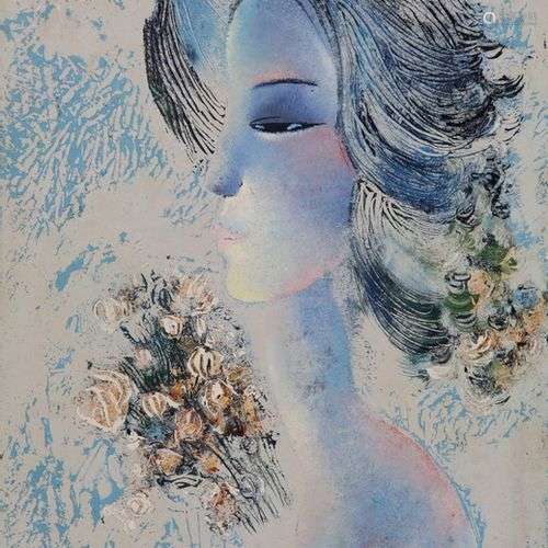 HO HUU THU (1942) Profil de femme aux fleurs Panneau de laqu...