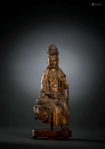 Feine und seltene Holzfigur des Guanyin auf einem Lotos mit ...