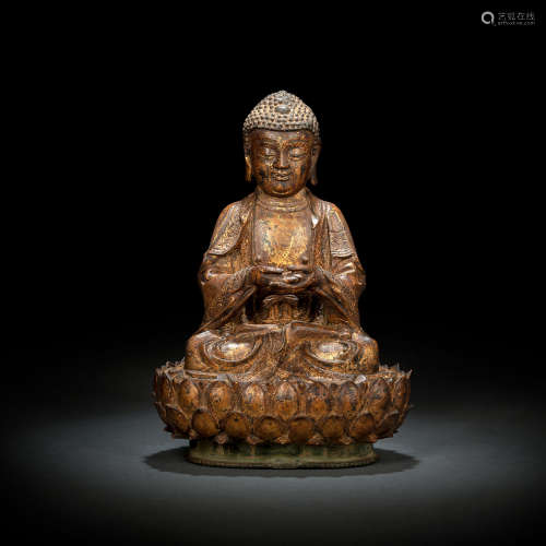 Bronze des Buddha Shakyamuni auf einem Lotos sitzend mit Lac...