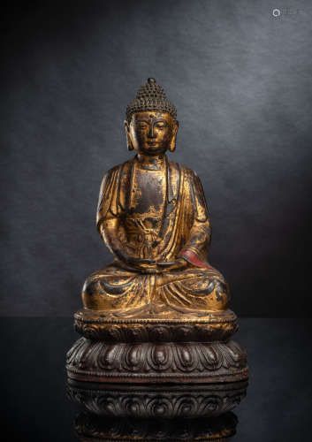 Große partiell vergoldete Bronze des Buddha Shakayamuni auf ...