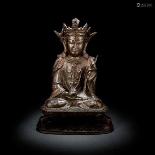 Bronze des Guanyin auf einem Lotos mit Resten von Vergoldung