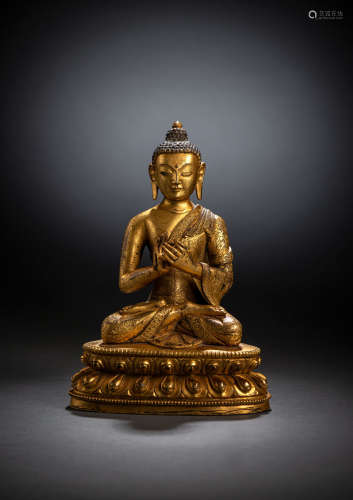 Feine und seltene feuervergoldete Bronze des Buddha Shakyamu...