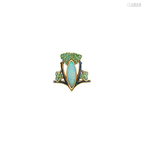 René Lalique Art Nouveau Gold, Opal and Enamel Ring, France