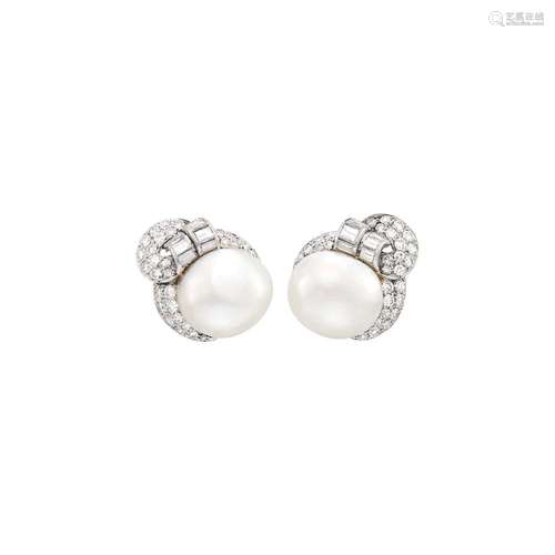 Pair of Platinum, Natural Button Pearl and Diamond Earclips