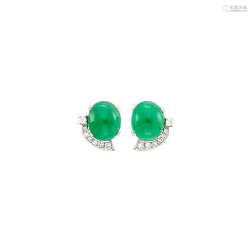 Pair of Platinum, Jade and Diamond Earclips