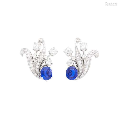 Pair of Platinum, Sapphire and Diamond Earclips