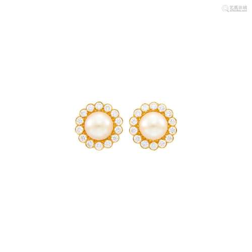 Graff Pair of Gold, Cultured Pearl and Diamond Earclips