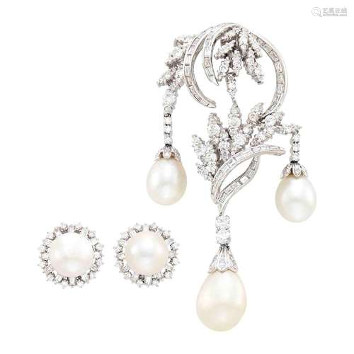 Platinum, Natural Pearl and Diamond Brooch and Pair of White...