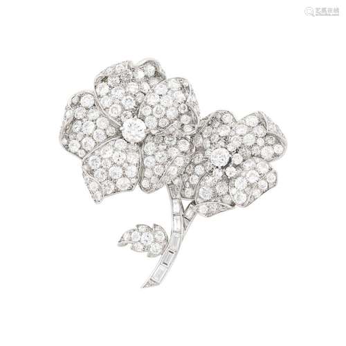 Mounting by Cartier Platinum and Diamond Flower Clip-Brooch