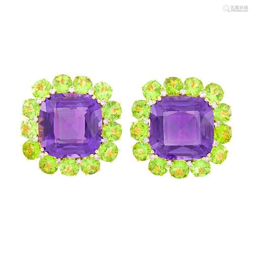 Pair of Gold, Amethyst, Peridot and Diamond Earclips