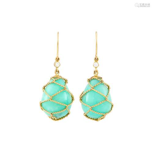 Verdura Pair of Gold, Green Chrysoprase and Diamond 'Net Dro...