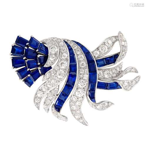 Verdura Platinum, Sapphire and Diamond Brooch