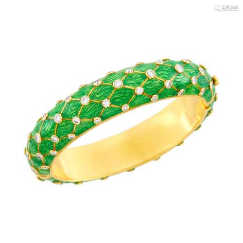 Tiffany & Co. Gold, Green Enamel and Diamond Bangle Bracelet