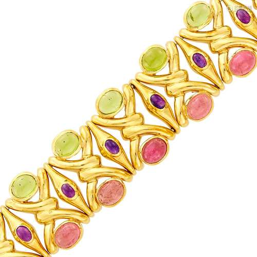 Wide Gold, Cabochon Pink Tourmaline, Peridot and Amethyst Br...