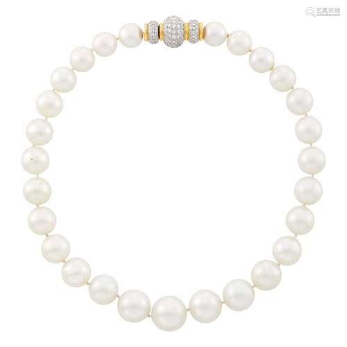 South Sea Cultured Pearl Necklace with Two-Color Gold and Di...