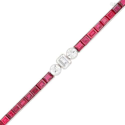 Platinum, Diamond and Ruby Straightline Bracelet