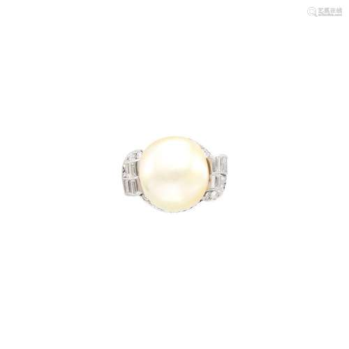 Platinum, Natural Button Pearl and Diamond Ring