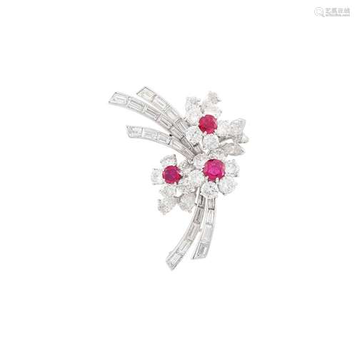 Bulgari Platinum, Ruby and Diamond Clip-Brooch