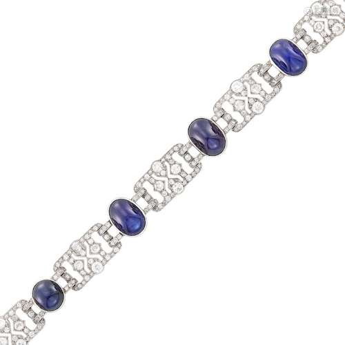 Chaumet Platinum, Cabochon Sapphire and Diamond Bracelet, Fr...