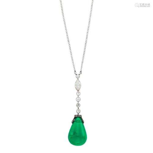 Platinum, Silver, Emerald and Diamond Pendant-Necklace