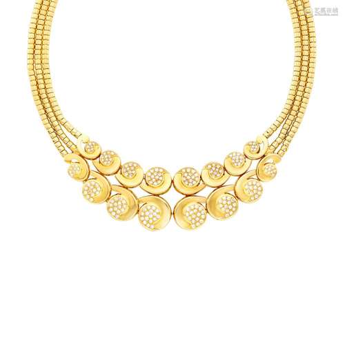 Paul Flato Triple Strand Gold and Diamond Necklace