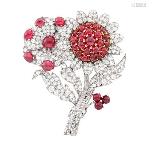 Bulgari Platinum, Gold, Cabochon Ruby and Diamond Floral Bro...