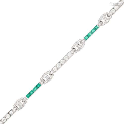 Platinum, Diamond and Emerald Bracelet